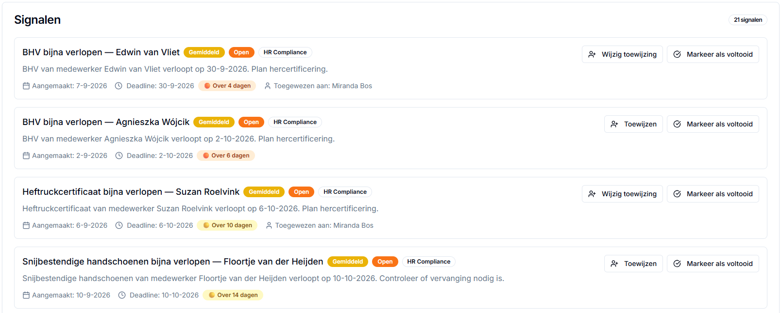 Overzicht van signalen met deadlines en toegewezen verantwoordelijken in CompliReady